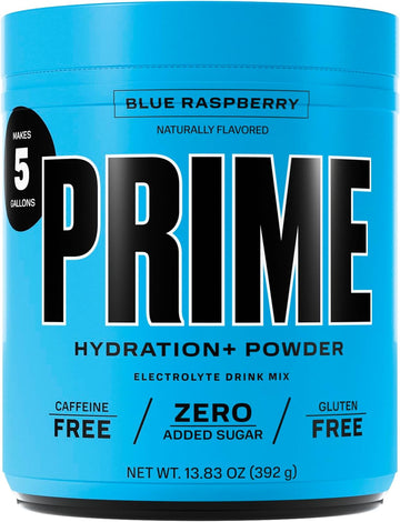 Prime Hydration+ Powder Blue Raspberry, Caffeine-Free, Electrolyte Powder On The Go, 250Mg Bcaas, B Vitamins, Antioxidants, Low Sugar, Vegan, 5 Gallon Tub