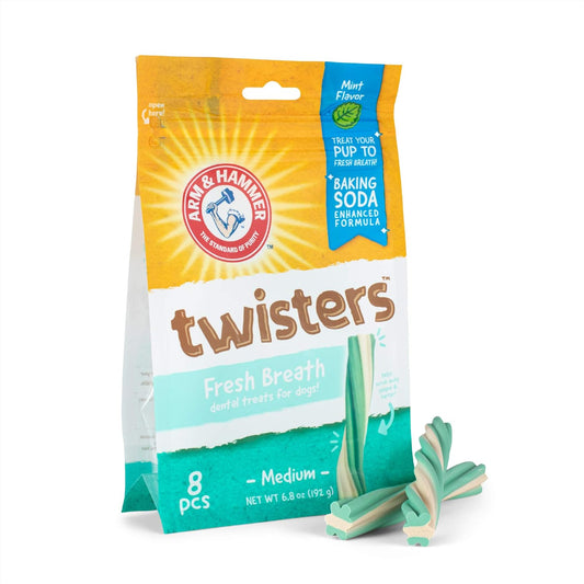 Arm & Hammer for Pets Twisters Dental Treats for Dogs | Dental Dog Chews Fight Bad Breath, Plaque & Tartar Without Brushing | Fresh Mint Flavor, 8 Count- 4 Pack