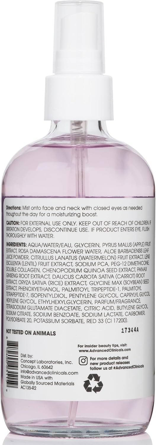 Advanced Clinicals Collagen + Rosewater Face Toner Skin Care Reviving & Hydrating Facial Mist For Face, Non-Greasy Instant Hydration Face Spray W/Pure Rose Water, Collage, & Natural Extracts, 8 Fl Oz : Beauty & Personal Care