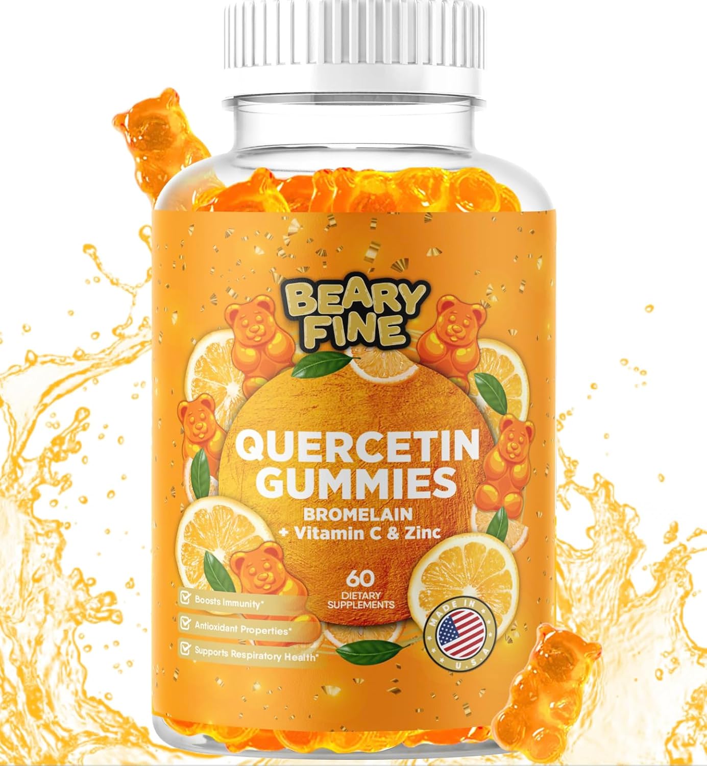 Quercetin With Bromelain Gummies - Vitamin C + Zinc & Vitamin D3 – Extra Strength Immune Support Booster - 60 Quercetin Gummies - Made In The Usa