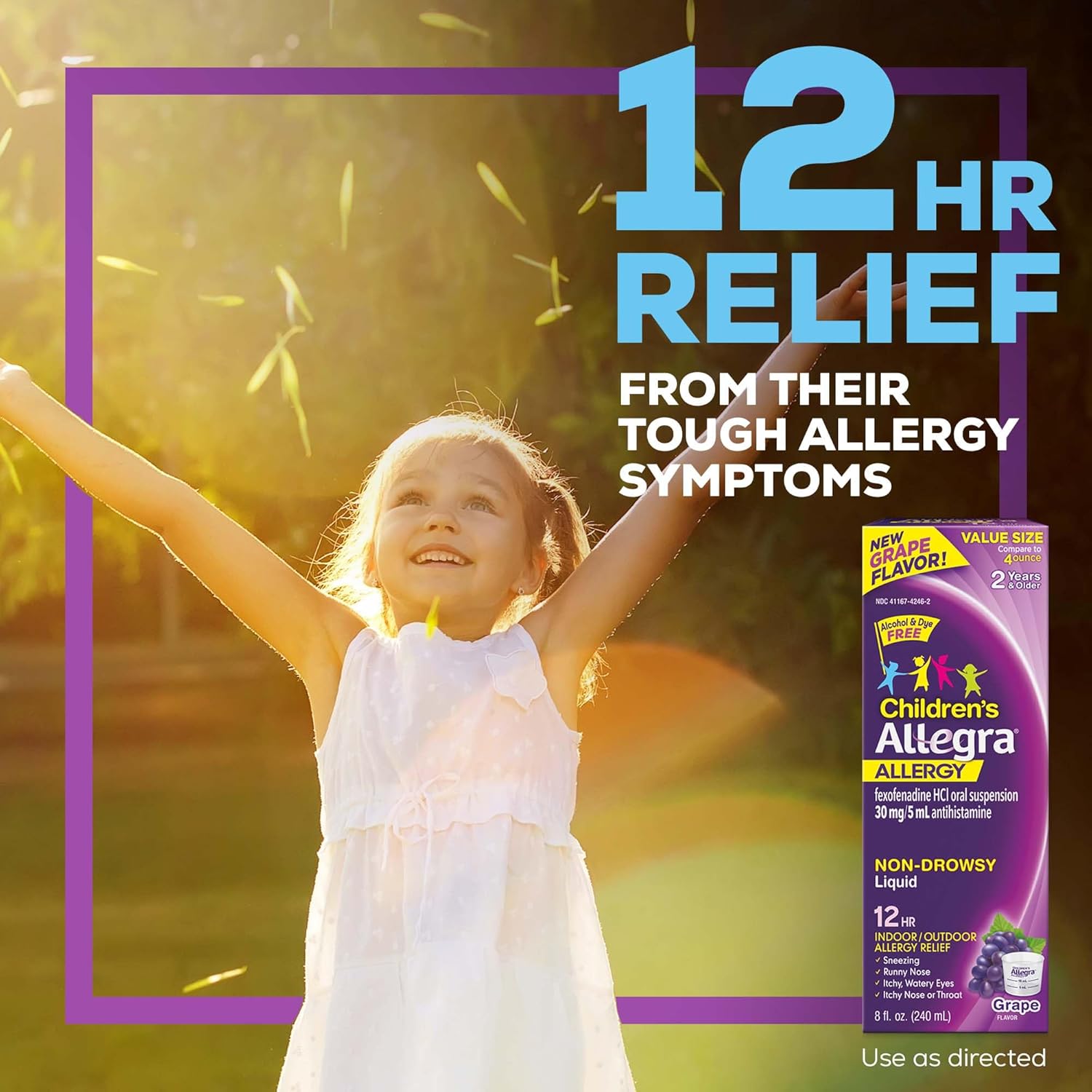 Allegra Children's 12HR Allergy Relief Non-drowsy Antihistamine Liquid, Grape Flavor, Alcohol-Free & Dye-Free, Fexofenadine HCl, 8 oz. : Health & Household