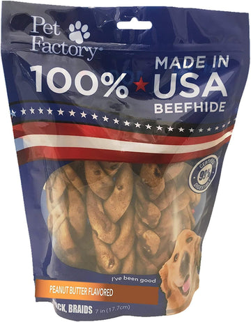 Pet Factory 100% Made In Usa Beefhide 7" Braided Sticks Dog Chew Treats - Peanut Butter Flavor, 6 Count/1 Pack