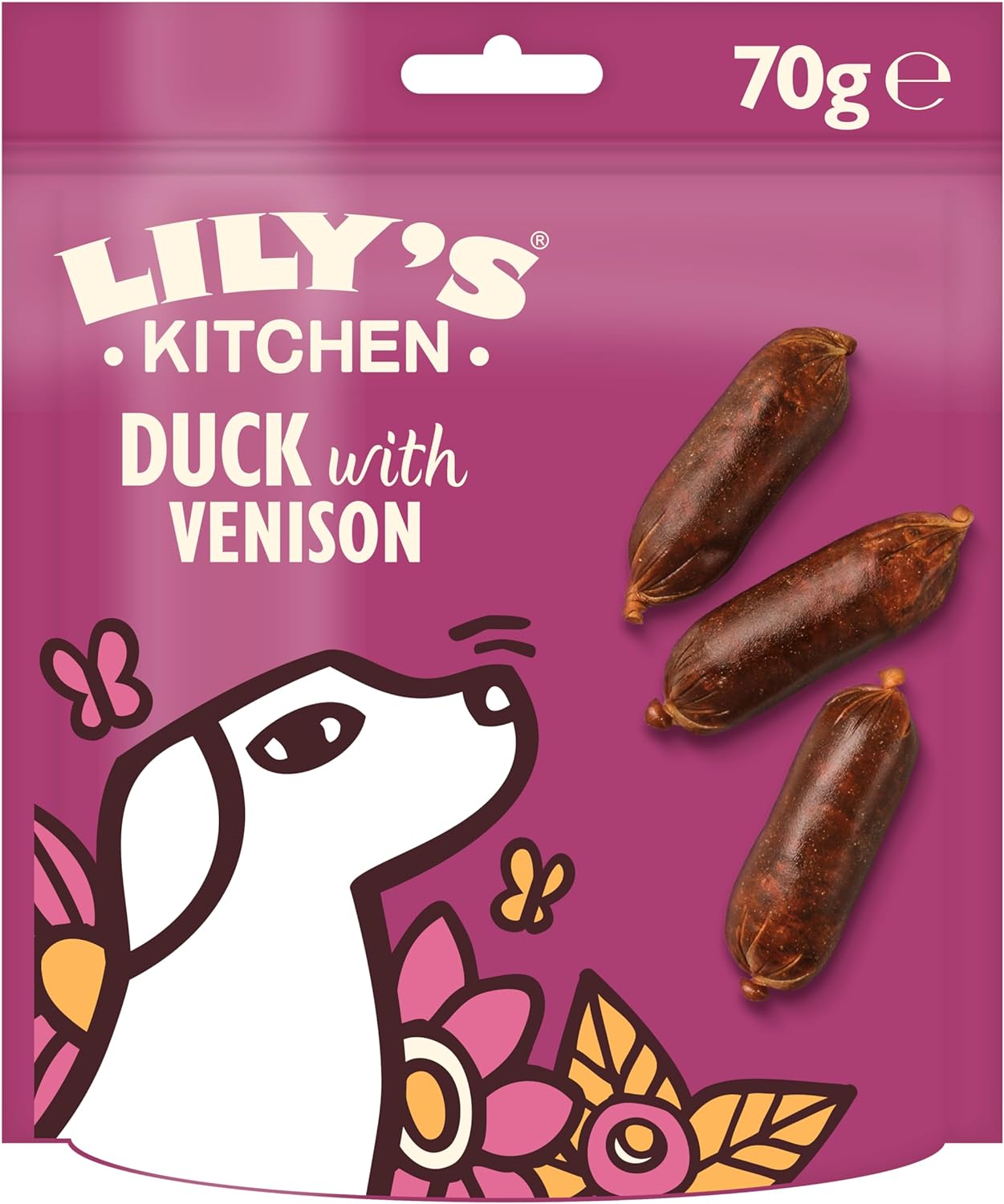 Lily’s Kitchen Made with Natural Ingredients Adult Dog Treats Packet Scrumptious Duck with Venison Sausages Grain-Free Recipes (8 Packs x 70g)?DTSVS70
