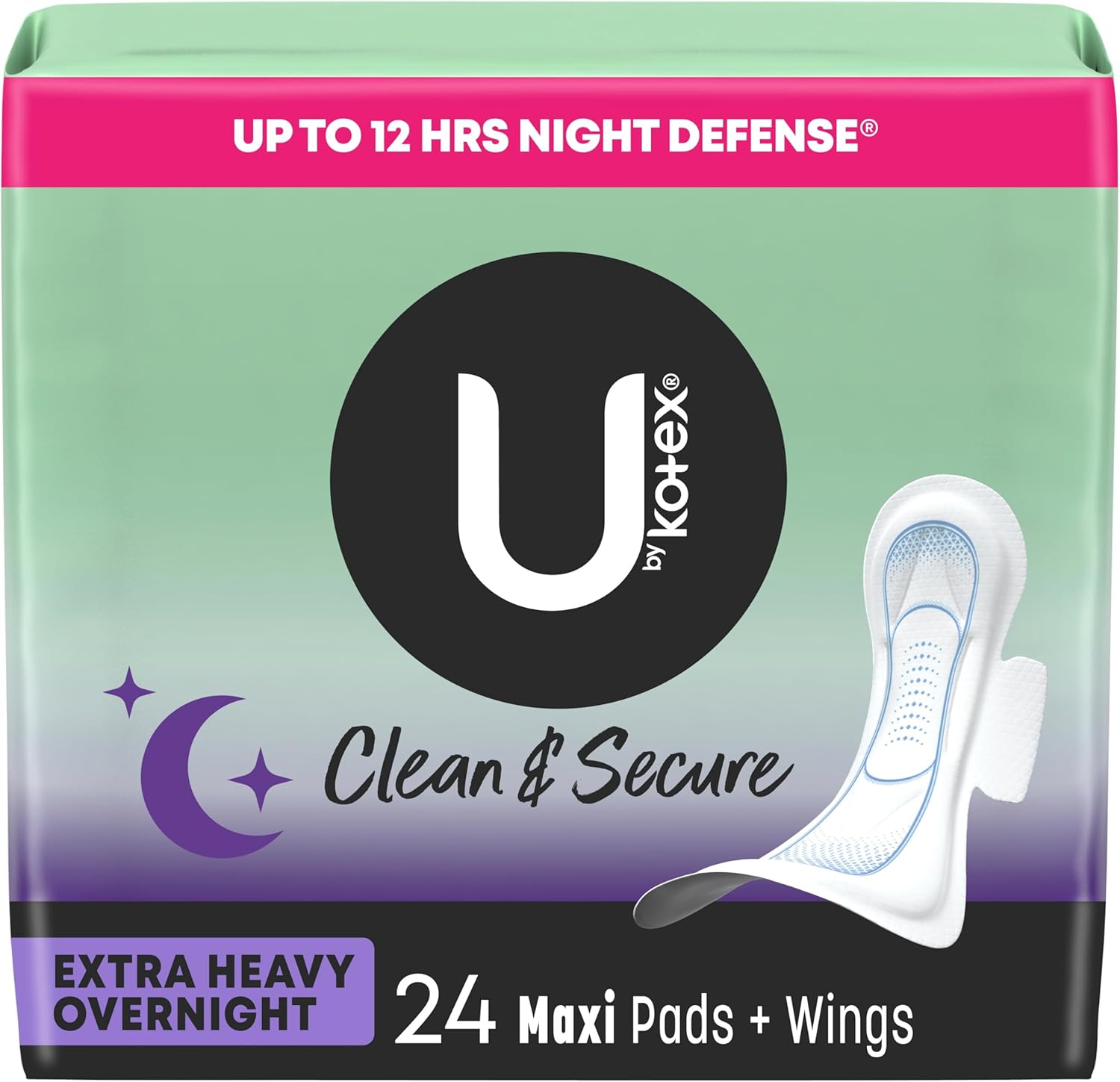 U By Kotex Clean & Secure Overnight Maxi Pads With Wings, Extra Heavy Absorbency, 24 Count (2 Packs Of 12) (Packaging May Vary)
