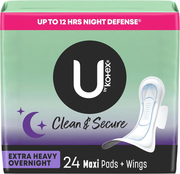 U By Kotex Clean & Secure Overnight Maxi Pads With Wings, Extra Heavy Absorbency, 24 Count (2 Packs Of 12) (Packaging May Vary)