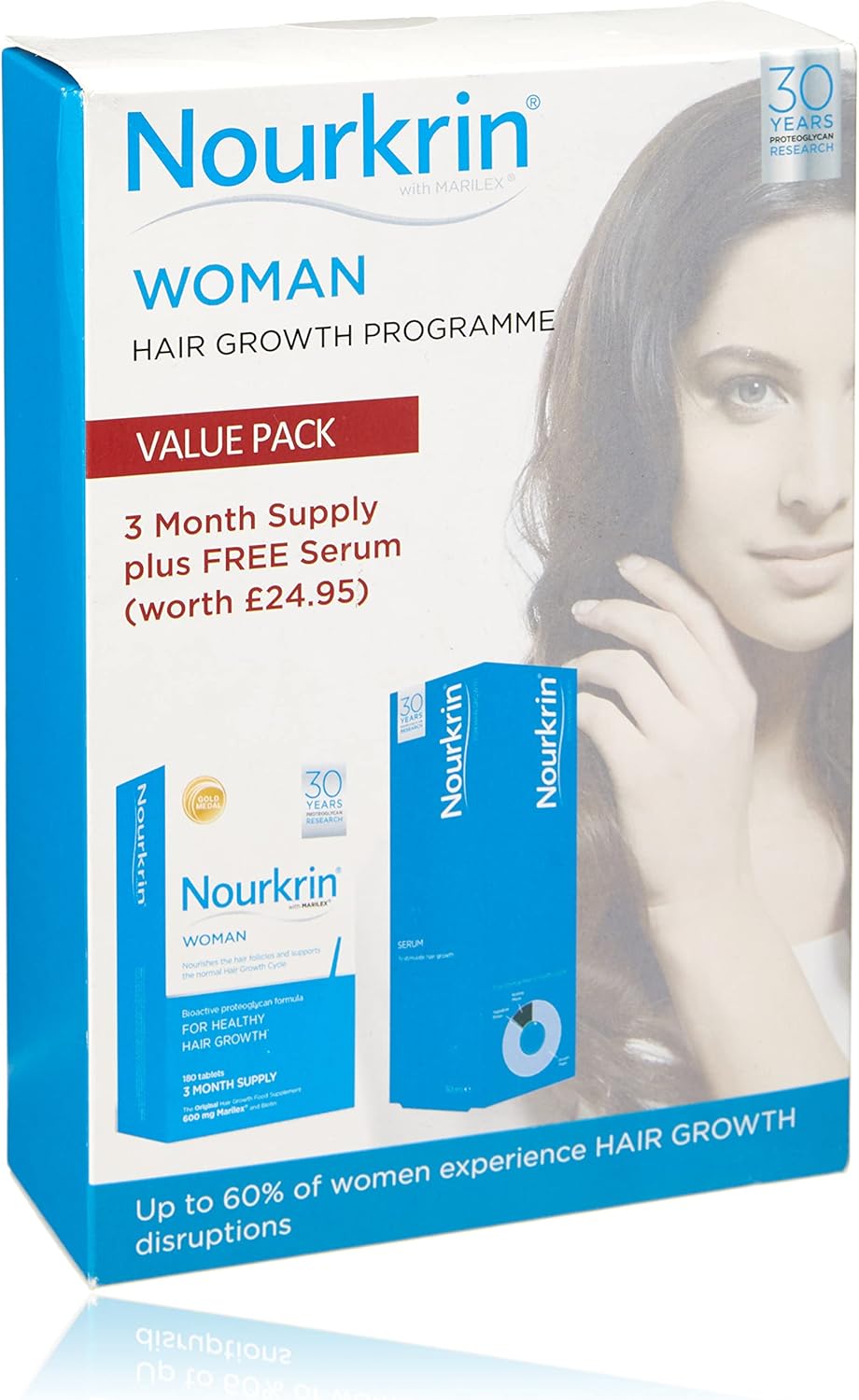 Nourkrin Woman For Healthy Hair Growth Food Supplement With Marilex, Biotin And Silica 180 Tablet Pack (3 Month Supply) With Free Serum