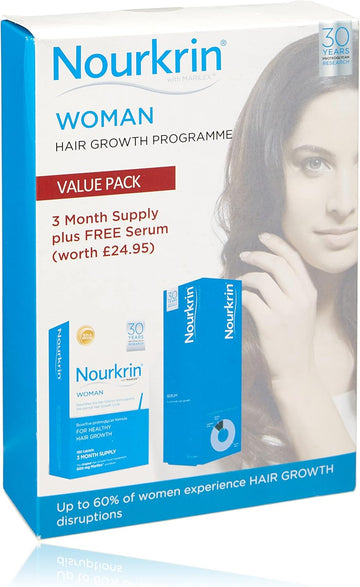 Nourkrin Woman For Healthy Hair Growth Food Supplement With Marilex, Biotin And Silica 180 Tablet Pack (3 Month Supply) With Free Serum