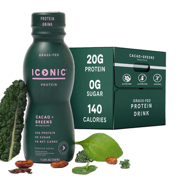 Iconic Protein Drinks, Cacao + Greens (12 Pack) - Sugarfree Protein Shakes With Organic Veggies & Unroasted Cacao - Low Carb, Lactose Free, Gluten Free, Soy Free - Keto Friendly