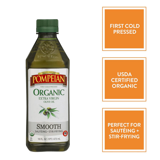 Pompeian Usda Organic Smooth Extra Virgin Olive Oil, First Cold Pressed, Smooth, Delicate Flavor, Perfect For Sautéing & Stir-Frying, 16 Fl. Oz