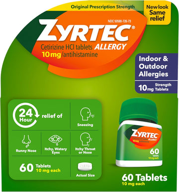 Zyrtec 24 Hour Allergy Relief Tablets, Indoor & Outdoor Allergy Medicine With 10 Mg Cetirizine Hcl Per Antihistamine Tablet, Relief Of Allergies, 60 Count