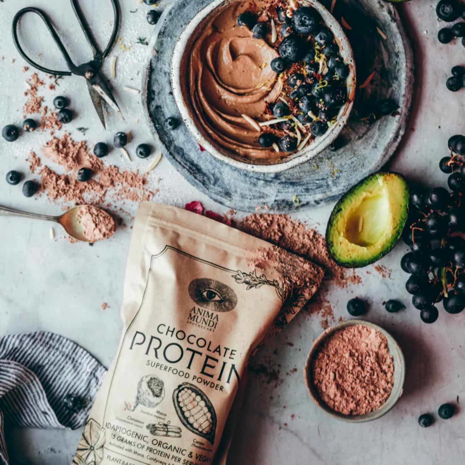 Anima Mundi Chocolate Protein Superfood Powder - Organic Vegan Protein Powder - Nutrient-Dense Chocolate Plant Based Protein Blend with Adaptogens for Energy, Strength & Adrenal Support (567g) : Health & Household