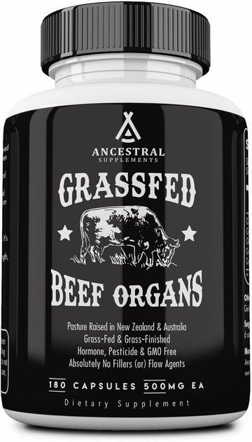 Ancestral Supplements Grass Fed Beef Organ Supplement, Supports Whole Body Wellness with Proprietary Blend of Liver, Heart, Kidney, Pancreas, Spleen, Freeze-Dried Beef, Non-GMO, 180 Capsules