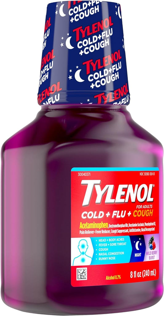 Tylenol Cold + Flu + Cough Night Liquid Medicine with Acetaminophen Pain Reliever & Fever Reducer, Cough Suppressant, Nasal Decongestant & Antihistamine, Wild Berry Burst Flavor, 8 fl. oz