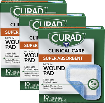 Curad Super Absorbent Wound Pad, Medium, 4" X 4", 10 Count, 3 Pack