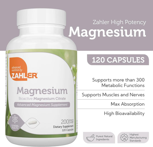 Zahler - Magnesium Supplement Capsules 200 Mg (120 Count) Certified Kosher Bioactive Magnesium Citrate For Max Absorption - Natural Magnesium Mineral For Men & Women - Best Magnesium Supplements