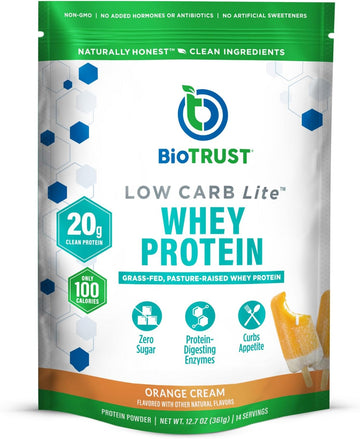 Biotrust Low Carb Lite, 20 Grams Of Grass-Fed Whey Protein Isolate, 100 Calories, Prohydrolase Digestive Enzymes, Non-Gmo, Free From Soy And Gluten, Rbgh-Free (14 Servings) (Orange Cream)