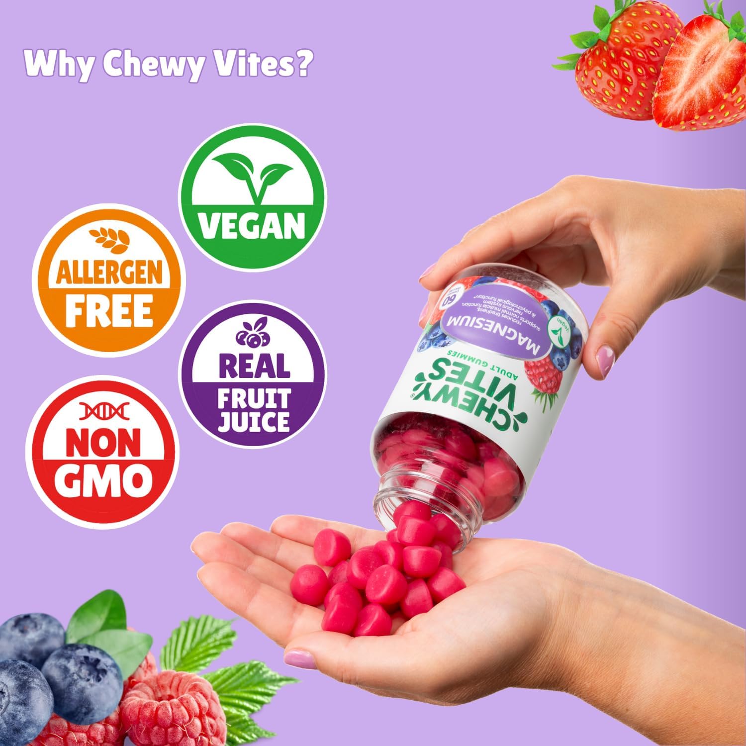 Chewy Vites Adult Gummies Magnesium Citrate 736mg Offering 82.5mg of Elemental Magnesium, 60 Vitamin Gummies, 2 Months Supply, Real Fruit Juice, Vegan, Berries Flavour : Amazon.co.uk: Health & Personal Care