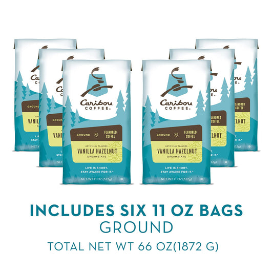 Caribou Coffee, Flavored Ground Coffee - Vanilla Hazelnut Dreamstate 66 Ounces (6 Bags of 11 Ounces)