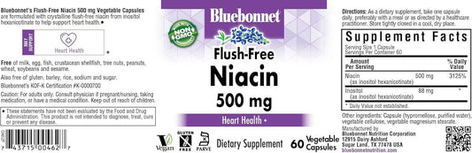 Bluebonnet Nutrition Flush-Free Niacin 500Mg, For Nutritional Cardiovascular Support*, Soy-Free, Gluten-Free, Non-Gmo, Kosher Certified, Dairy-Free, Vegan, 60 Vegetable Capsules, 60 Servings