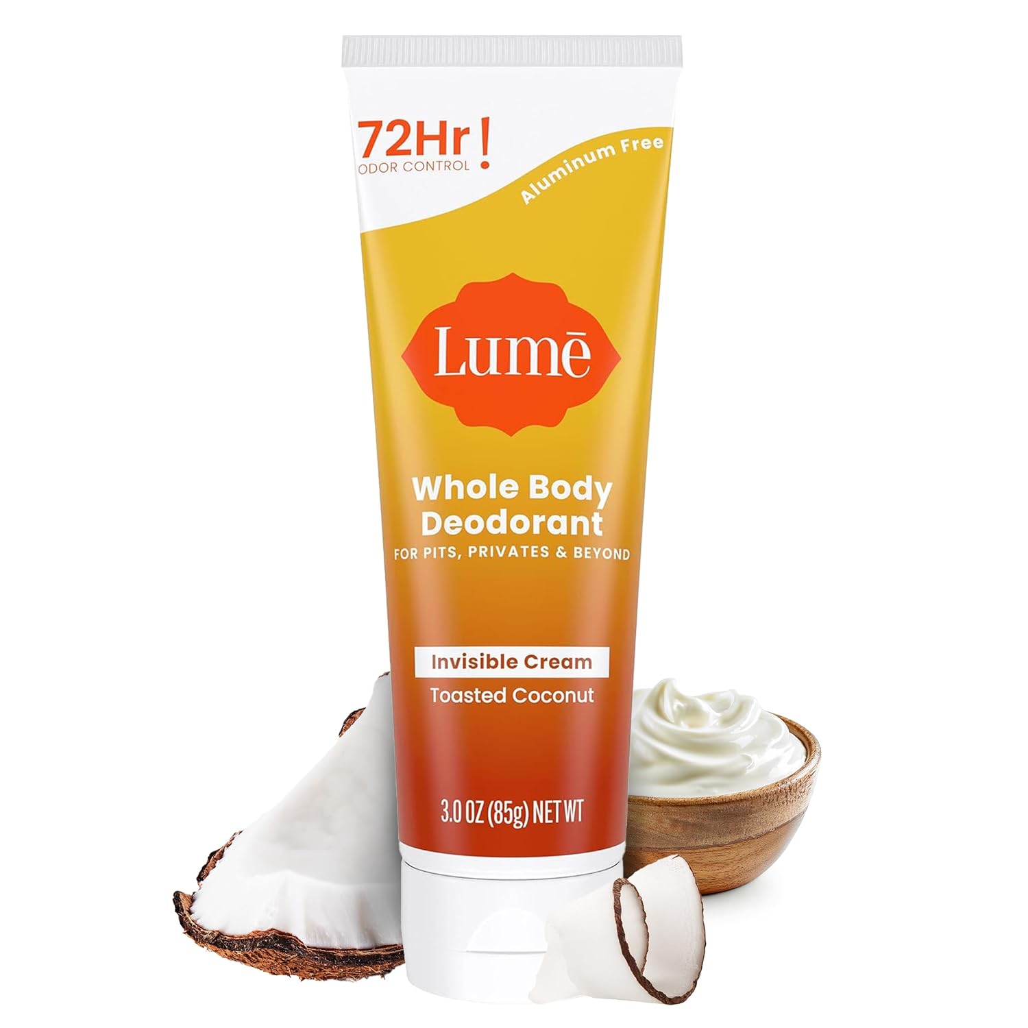 Lume Whole Body Deodorant - Invisible Cream Tube - 72 Hour Odor Control - Aluminum Free, Baking Soda Free, Skin Safe - 3.0 Ounce (Toasted Coconut)