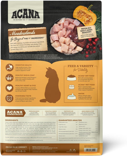 Acana Highest Protein Meadowlands Grain-Free Dry Cat Food, Free-Run Chicken And Turkey And Chicken Liver Cat Food Recipe, 4Lb