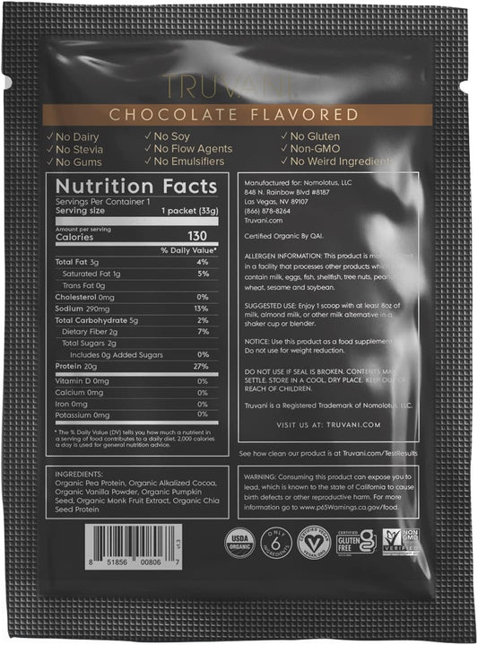 Truvani Vegan Pea Protein Powder | Chocolate | 20G Organic Plant Based Protein | 1 Serving | Keto | Gluten & Dairy Free | Low Carb | No Added Sugar