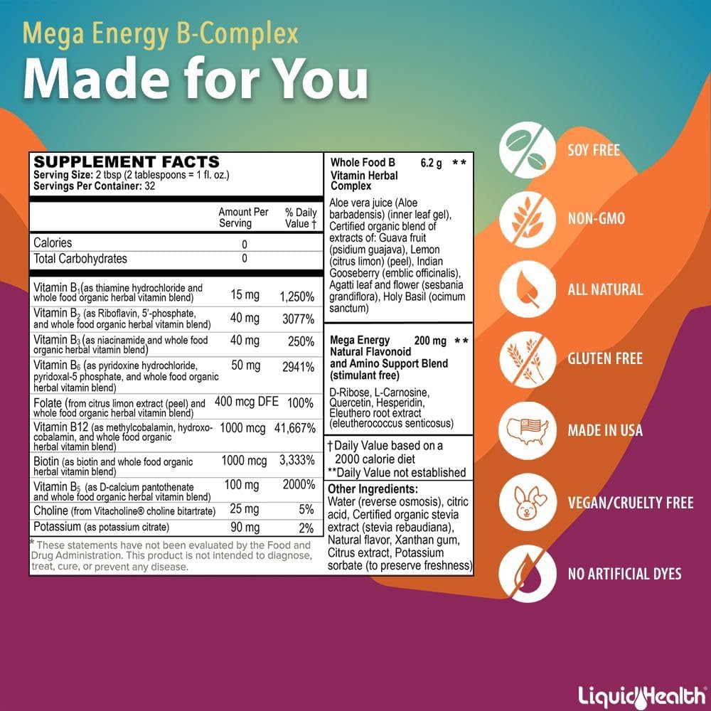 LIQUIDHEALTH Mega Energy Methylated B-Complex, Adult Liquid Vitamin Supplement - Increase Energy, Relieve Stress & Fatigue, Immune System Support, Heart & Gut Health - Vegan, Sugar-Free (2 Pack) : Health & Household