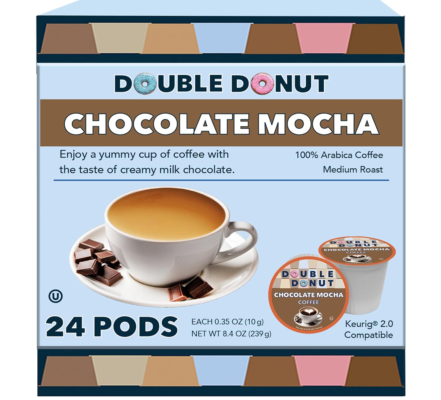 Double Donut Chocolate Mocha Coffee Pods, Single Serve Mocha Pods For Keurig K Cup Brewers, Rich, Creamy Coffee Pods Mocha For Chocolate Coffee Lovers, 24 Count