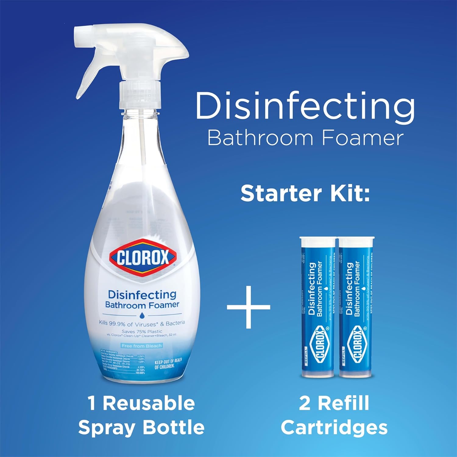 Clorox Disinfecting Bathroom Foamer Starter Kit, Household Essentials, One Reusable Bottle Plus 2 Refills