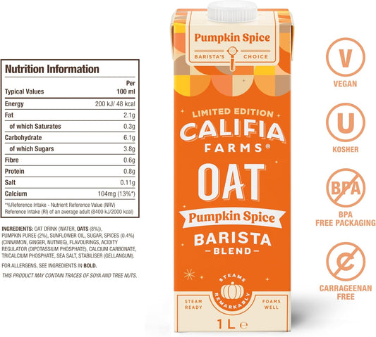 Califia Farms Pumpkin Spice Barista Blend Oat Drink - Real Pumpkin Puree With Warming Nutmeg, Ginger & Cinnamon - Dairy Free, Lactose Free & Vegan (6 X 1L)