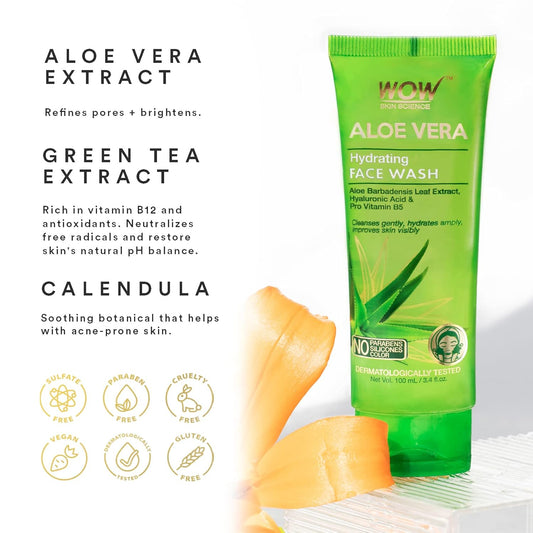 Wow Aloe Vera Face Wash - Hydrating Facial Cleanser & Pore Minimizer To Clear Pores On Oily, Dry & Sensitive Skin - Helps Reduce Excess Oil & Acne W/Exfoliating Nutrients - Men, Women & Teen - 100Ml