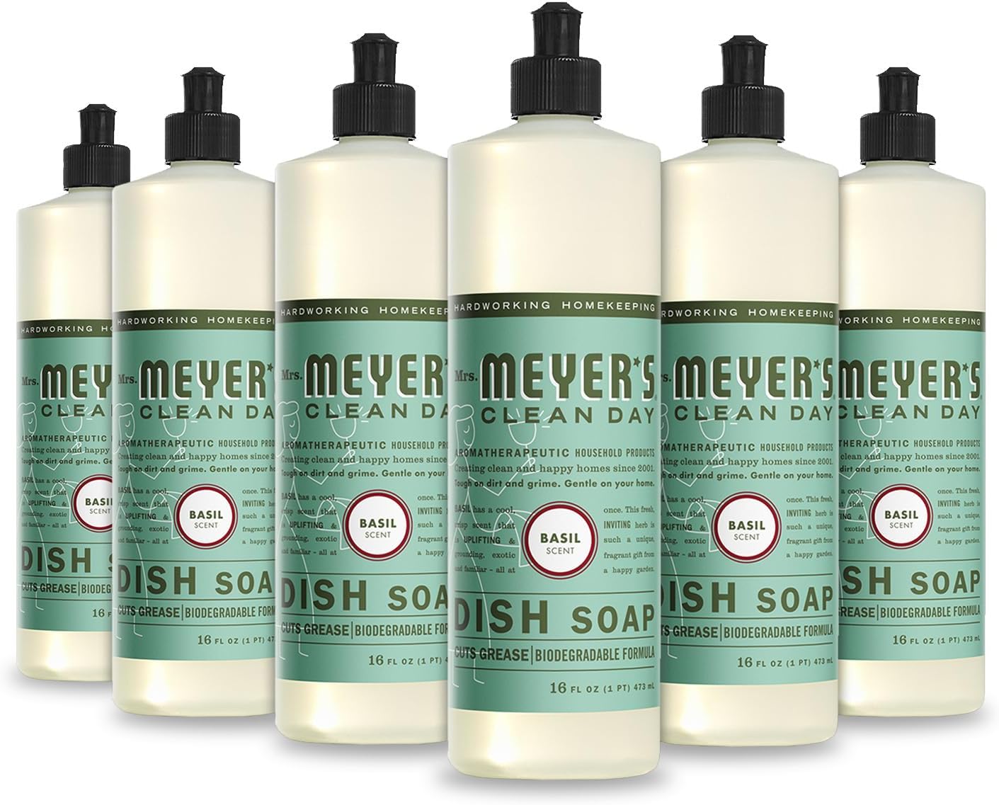 Mrs. Meyer'S Clean Day Liquid Dish Soap, Biodegradable Formula, Basil, 16 Fl. Oz - Pack Of 6