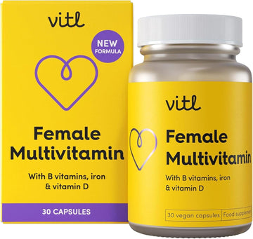 Vitl Female Multivitamin & Minerals Supplement - 30 Vegan Capsules - 21 Essential Active Vitamins & Minerals - With Vitamin D3, Vitamin B, Vitamin C, Vitamin E, Folic Acid & Iron - 1 Month Supply