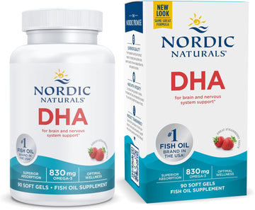 Nordic Naturals DHA, Strawberry - 90 Soft Gels - 830 mg Omega-3 - High-Intensity DHA Formula for Brain & Nervous System Support - Non-GMO - 45 Servings