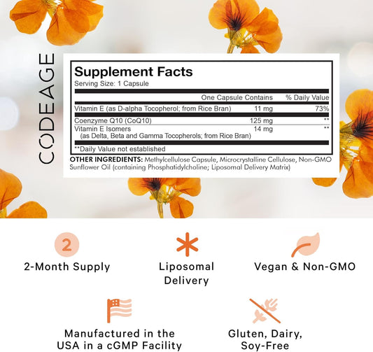 Codeage Liposomal Coq10 Supplement - Vitamin E Isomers Tocopherols - 125Mg Coenzyme Q10 - Cardiovascular, Heart, Energy Support - Liposomal For Bioavailability - 2 Month Supply Non-Gmo - 60 Capsules