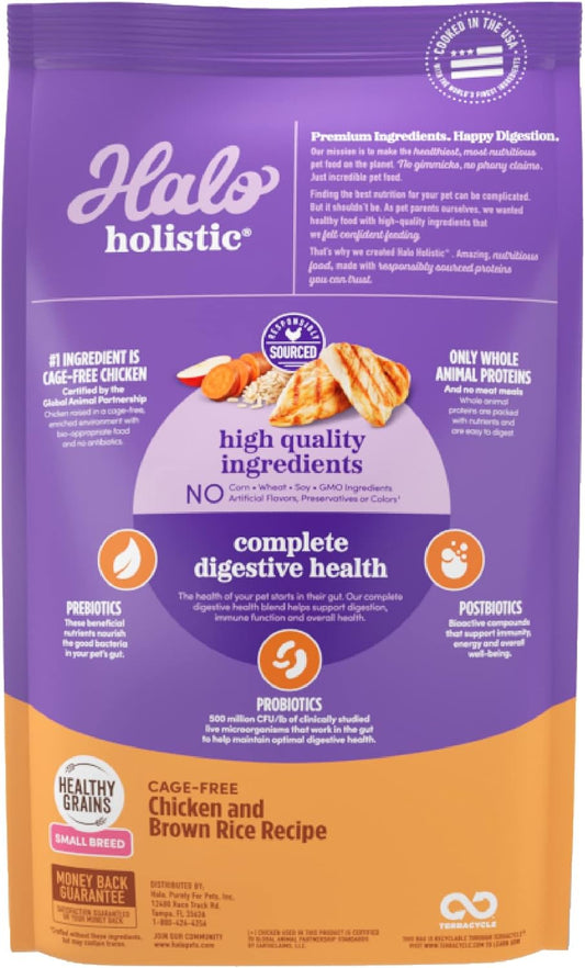 Halo Holistic Dog Food, Complete Digestive Health Cage-Free Chicken and Brown Rice Recipe, Dry Dog Food Bag, Small Breed Formula, 10-lb Bag