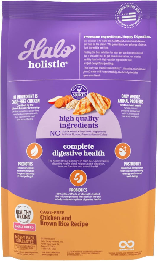 Halo Holistic Dog Food, Complete Digestive Health Cage-Free Chicken And Brown Rice Recipe, Dry Dog Food Bag, Small Breed Formula, 10-Lb Bag