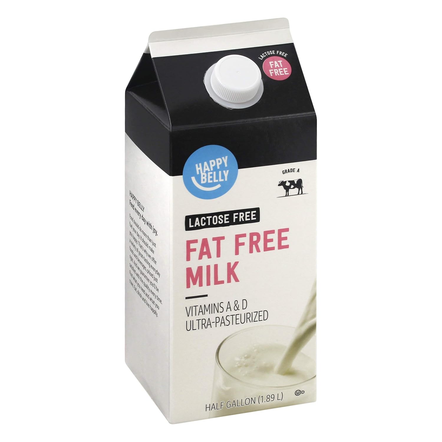 Amazon Brand, Happy Belly Fat Free Milk Lactose Free Ultra Pasteurized, Kosher, Half Gallon, 64 Fl Oz