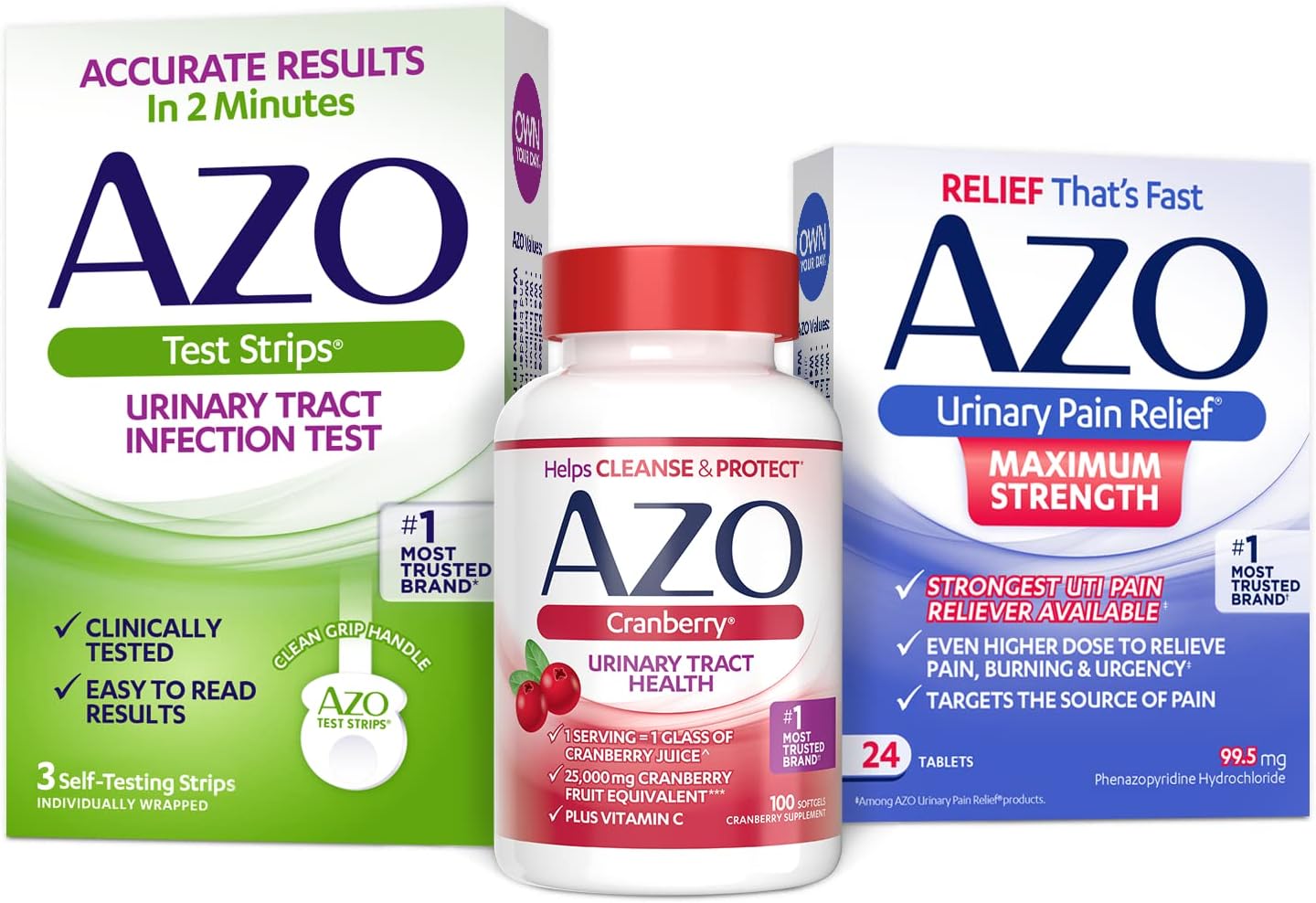 Azo Uti Pain Relief Bundle – Azo Uti Test Strips 3Ct, Azo Urinary Pain Relief 24Ct, Azo Cranberry Supplement 100Ct