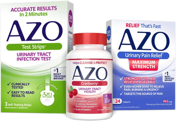 Azo Uti Pain Relief Bundle – Azo Uti Test Strips 3Ct, Azo Urinary Pain Relief 24Ct, Azo Cranberry Supplement 100Ct