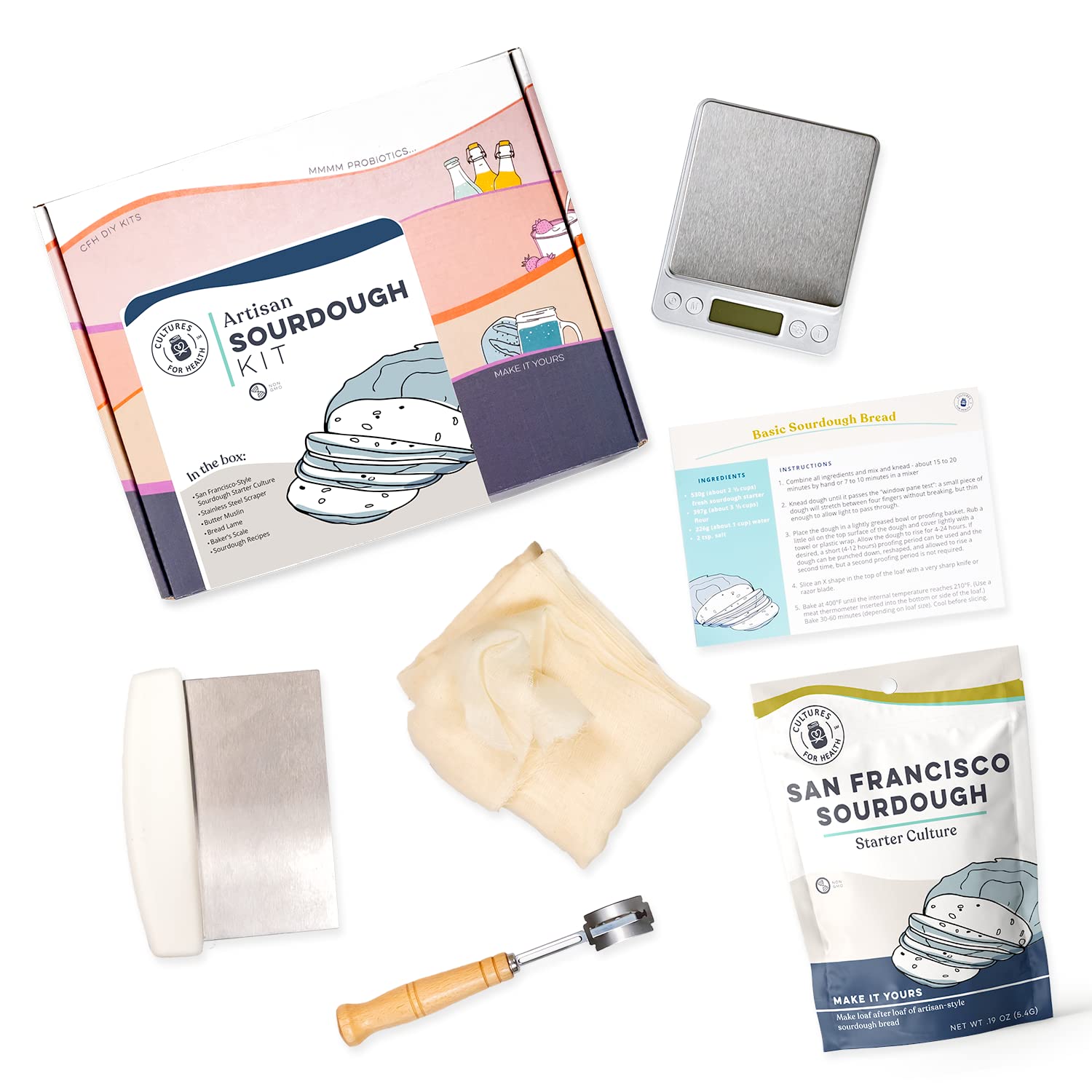 Cultures for Health Artisan Bread Making Kit | 5 Piece DIY Kit Includes San Francisco Sourdough Starter, Baker's Scale, Bread Lame, Dough Scraper, & Butter Muslin | Sourdough Bread Baking Supplies