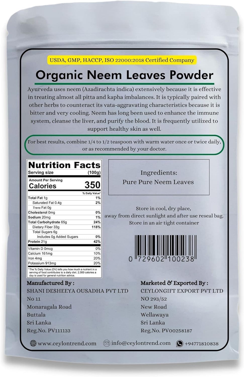 KC Creation Organic Neem Leaf Powder 100% Pure & Fresh No GMO No Preservatives (3.5oz)