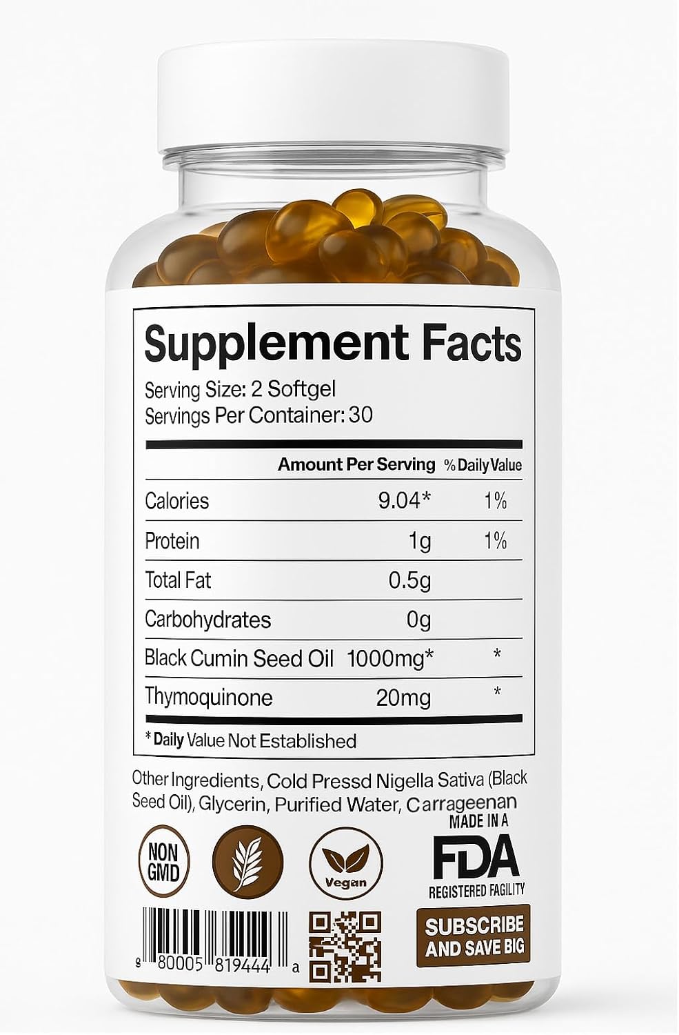 Organics Nature Black Seed Oil Capsules 1000Mg Per Serving Vegan Softgels, Hair, Skin, & Heart Support, Nigella Sativa - 100% Cold Pressed Cumin Seed Oil Capsules High Thymoquinone, Omega 3S