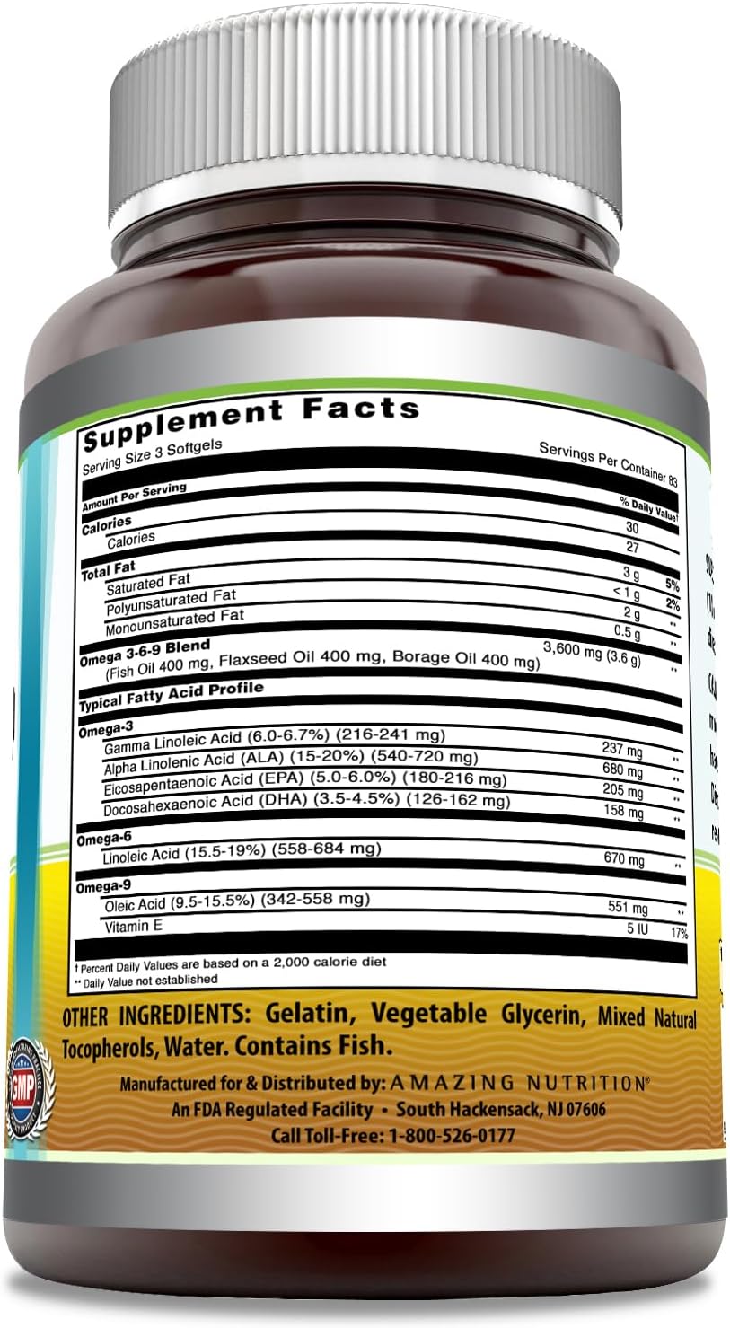 Amazing Omega 3.6.9 1200 mg 250 Softgels Supplement | Unique Formula o