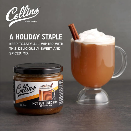Collins Hot Buttered Rum Mix, Made With Brown Sugar and Butter with Vanilla and Rum Flavors, Hot Cocktail Recipe Ingredient, Bartender Mixer, Drinking Gifts, Home Cocktail bar, 12 fl oz