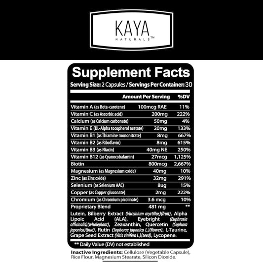 Kaya Naturals Eye Health Supplement - Lutein & Zeaxanthin - Supports Eye Strain, Dry Eyes, And Vision Health - Clinically Proven Ingredients 800Mg Vitamin Supplement - 60 Count