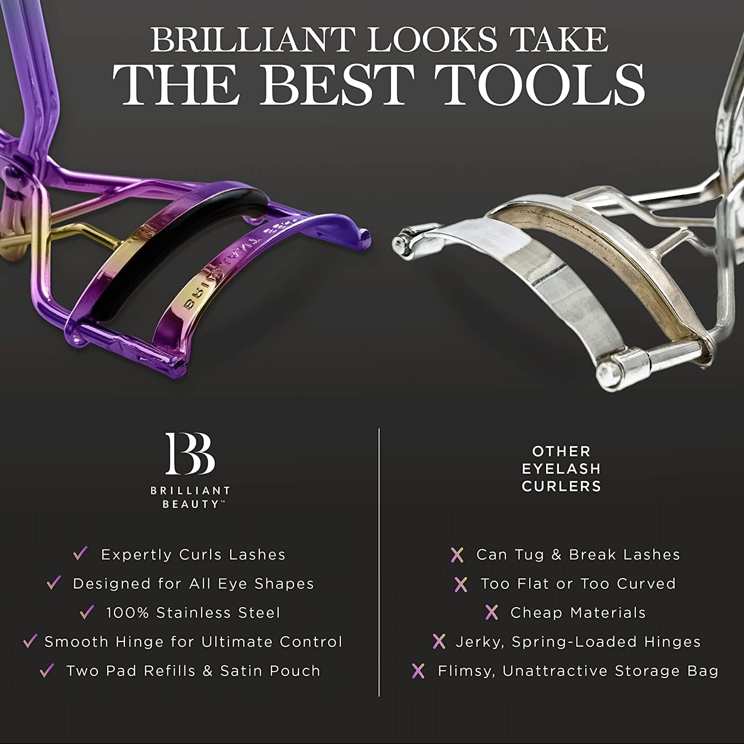 Brilliant Beauty Eyelash Curler With Satin Bag & Refill Pads - Award Winning - No Pinching, Just Dramatically Curled Eyelashes For A Lash Lift In Seconds (Rose Gold) : Beauty & Personal Care