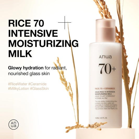 Anua Rice 70 Intensive Moisturizing Milk, Lotion For Deep Hydration And Nourishing, Glowy Glass Skin, Rice Water, Niacinamide, Ceramides, Lightweight, Korean Skincare, 150Ml/5.07Fl.Oz