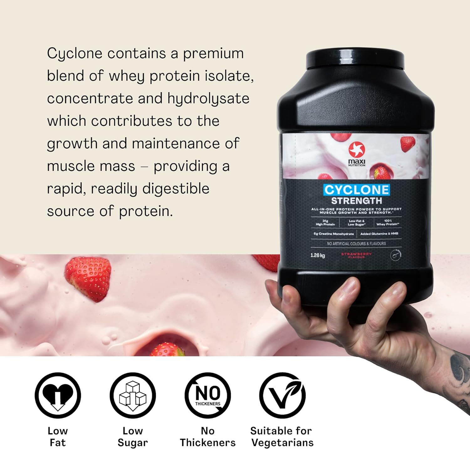 MaxiNutrition - Cyclone, Strawberry - Premium Whey Protein Powder with Added Creatine – Low in Sugar and Fat, Vegetarian-Friendly - 31g Protein, 205 kcal per Serving, 1.26kg