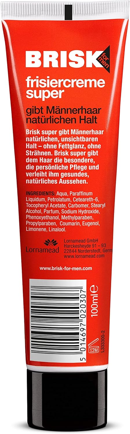 BRISK Hairdressing Cream Super - Hair Styling Cream with Male and Herbem Scent for Nourished Hair - Keeps Hair Easily in Shape without Gluing - 100ml Tube